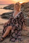 Μάξι Φόρεμα Jersey με Floral με Δαντέλα & Πλισέ Άνοιγμα – Μαύρο/Rose