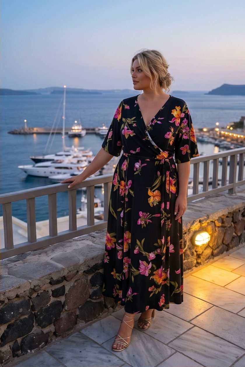 Γυναικείο Μάξι Κρουαζέ Φόρεμα με Floral Print – Καλοκαιρινό Χυτό Φόρεμα Plus size