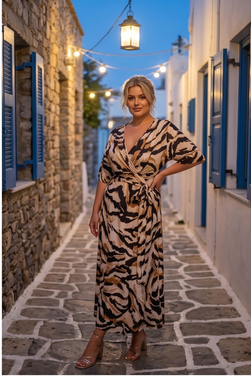 Γυναικείο Μάξι Κρουαζέ Φόρεμα με Zebra Print – Καλοκαιρινό Χυτό Φόρεμα Plus size