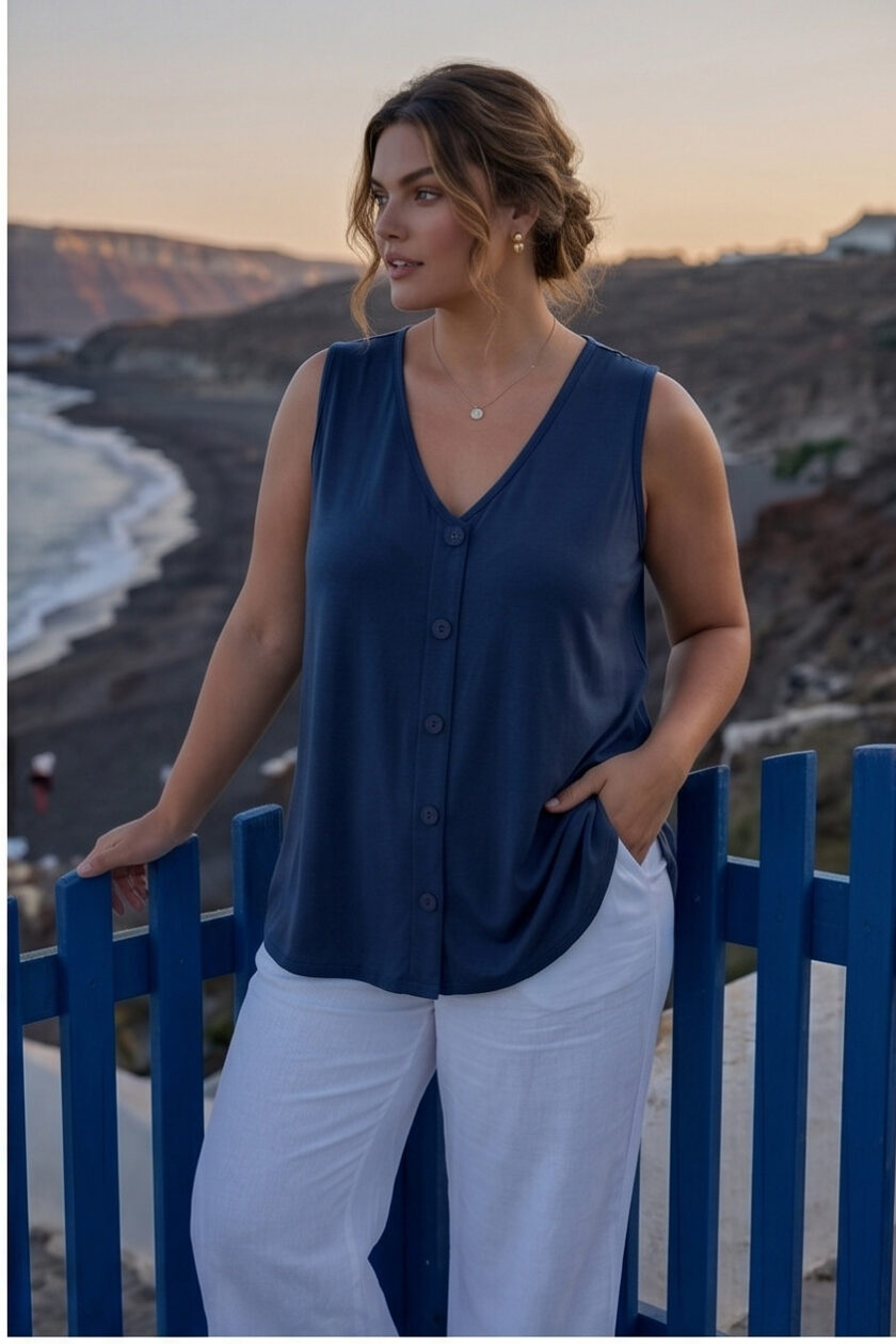 Γυναικεία Αμάνικη Μπλούζα Viscose με Κουμπιά & V Λαιμόκοψη – Μπλε