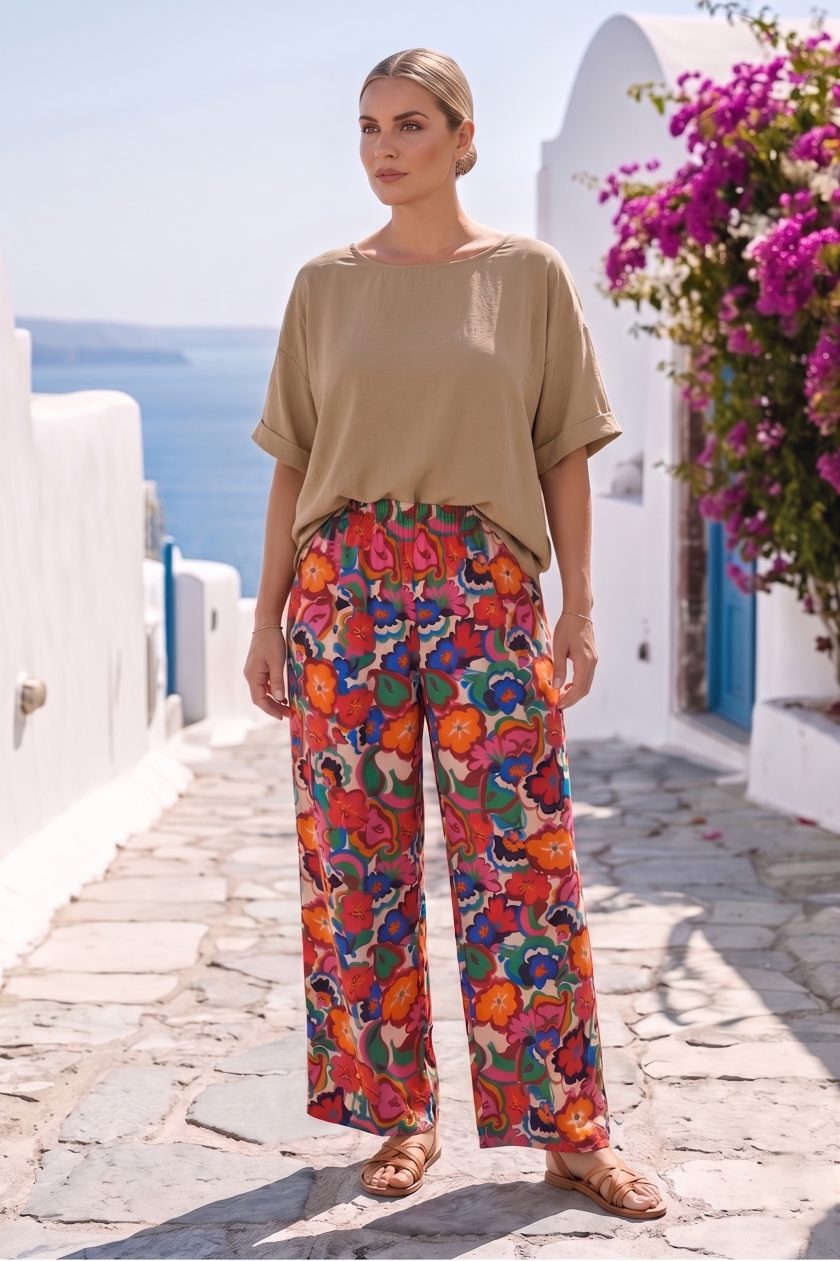Γυναικείο Σετ Aura" Floral & beige Viscose Παντελόνα Μείγμα Λινού-Ρεγιόν  – Limited Edition