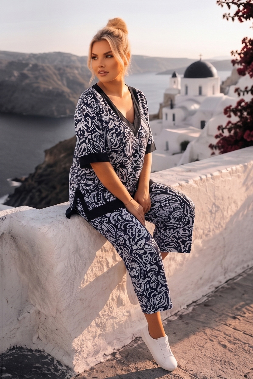 Γυναικείο Καλοκαιρινό Plus Size Σετ Black Boho Floral με Λευκό Print