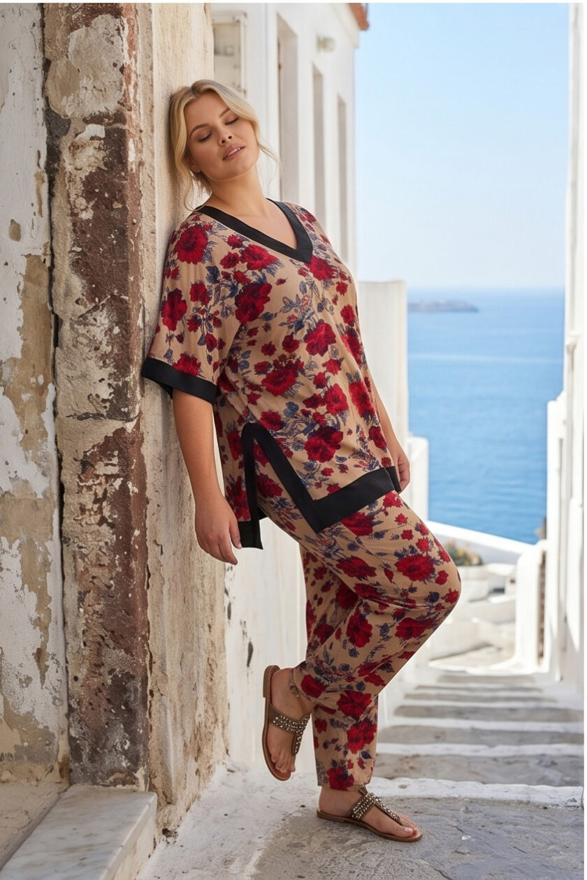 Γυναικείο Σετ Παντελόνα & Μπλούζα με Floral Print – V-neck