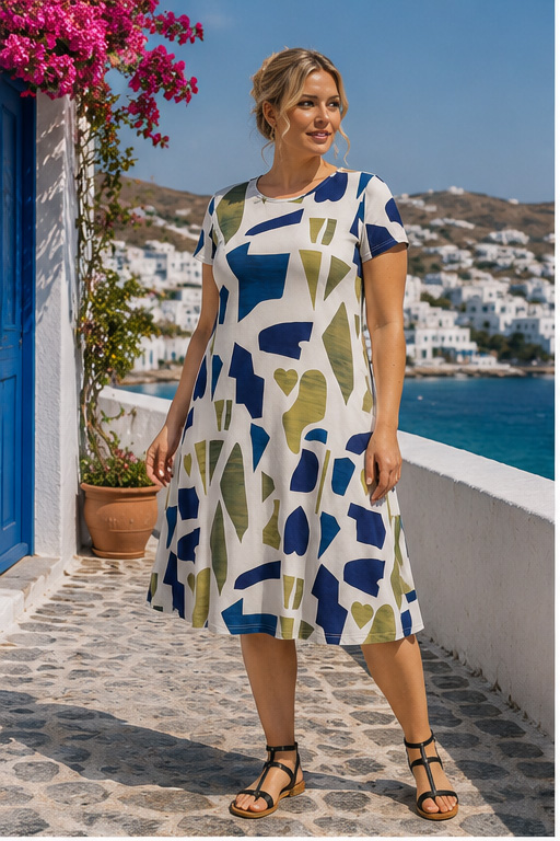 Φόρεμα Midi Plus Size με Πολύχρωμο Εκρού Βάση Λαδί Μπλε Μοτίβο Abstract Print