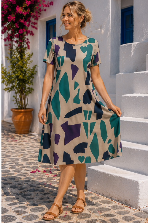 Φόρεμα Midi Plus Size με Πολύχρωμο Εκρού Βάση Πετρόλ, Μπλε Μοτίβο Abstract Print
