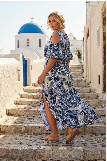 Maxi Floral Φόρεμα με Cold-Shoulder Μανίκια και Πλαινά Σχισίματα