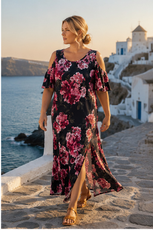 Maxi Floral Φόρεμα Cold Shoulder Μαύρο με Φούξια Λουλούδια