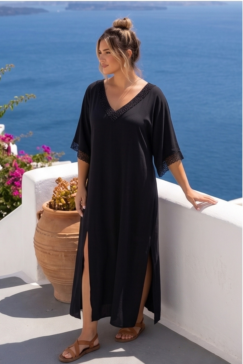 Maxi Καφτάνι Φόρεμα με Δαντελένιες Λεπτομέρειες – Μαύρο