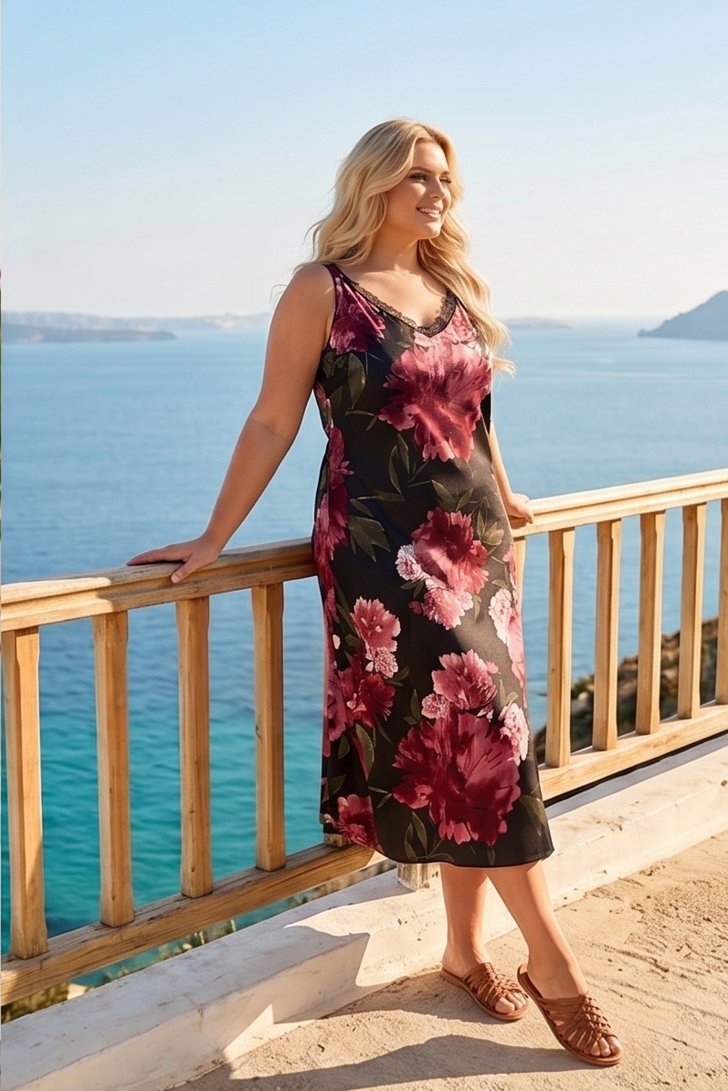 Φόρεμα Floral με Δαντελένιο Ντεκολτέ