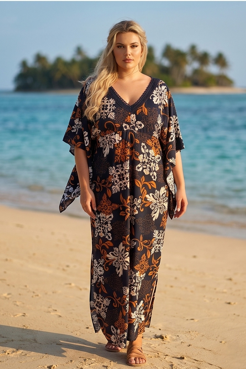 Maxi Φόρεμα με Floral Prints, Δαντελένια Λεπτομέρεια V και Σχισίματα - Ethnic Chic