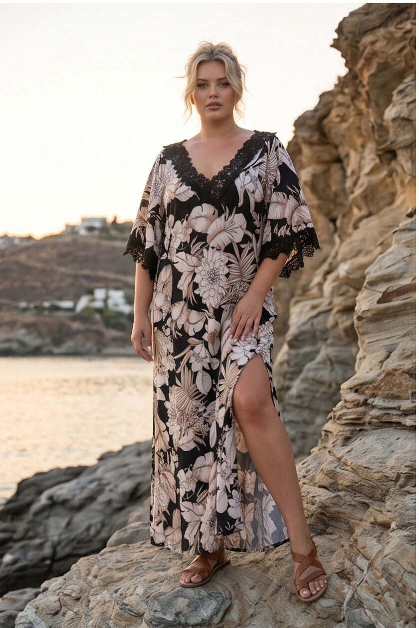 Boho Chic Μάξι Φόρεμα V Δαντέλα & Πλαϊνά Σχισίματα 